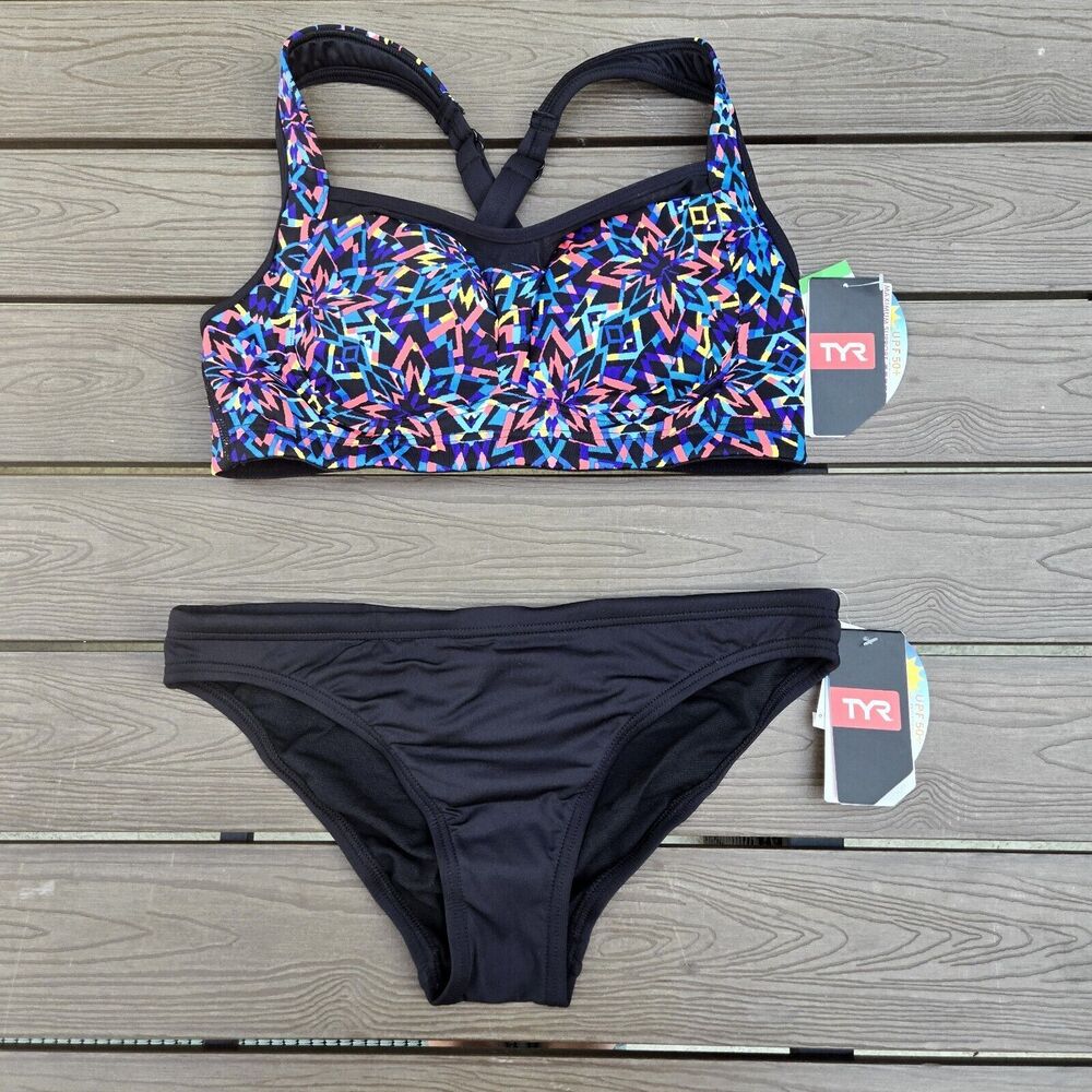 TYR Womens Carnivale Lily  Bikini Top Multicolor &  Black Bottom Size 8 NWT